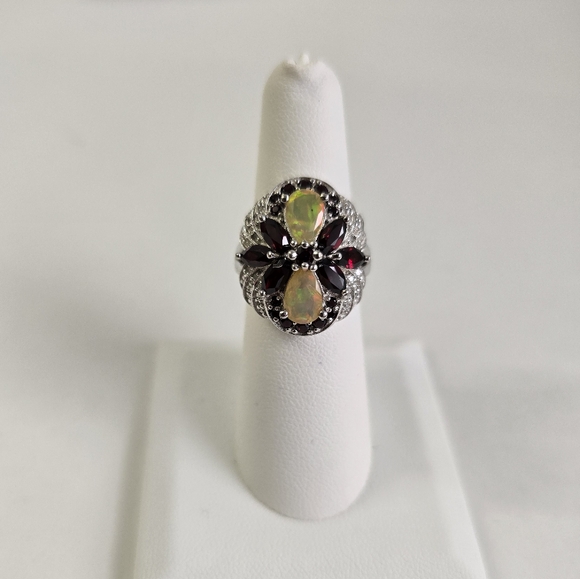 Sterling Silver 925 Iridescent Opal and Garnet Gemstone Ring - Picture 8 of 9